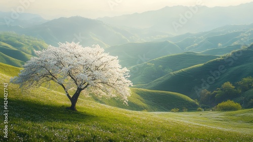 Springtime tree on a grassy hill overlooking misty mountains.  Possible use Nature, scenery, background image