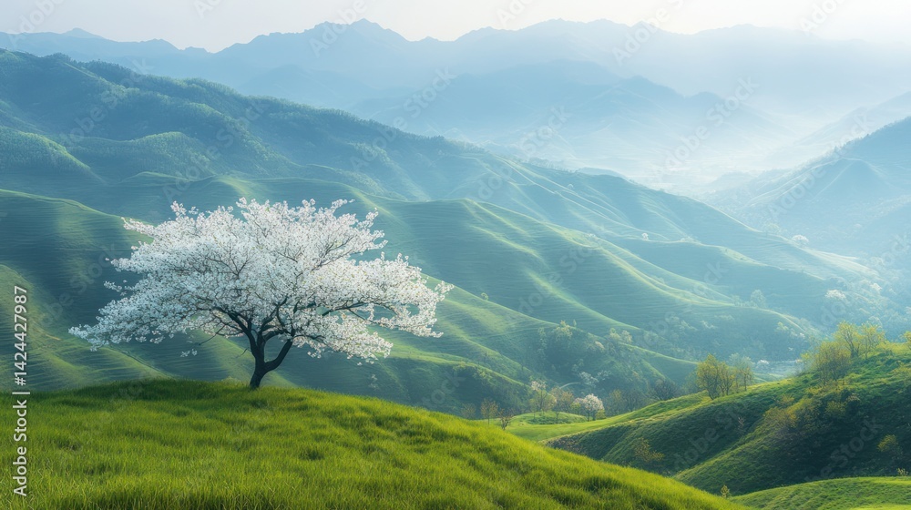 Fototapeta premium Springtime hilltop cherry blossom