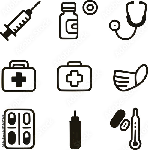 Minimalist medical icons, black line vector style, yellow background, includes syringe, pill bottle, stethoscope, face mask, thermometer, first aid kit, medicine blister pack, capsule.