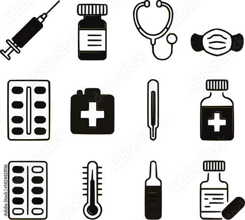 Minimalist medical icons, black line vector style, yellow background, includes syringe, pill bottle, stethoscope, face mask, thermometer, first aid kit, medicine blister pack, capsule.