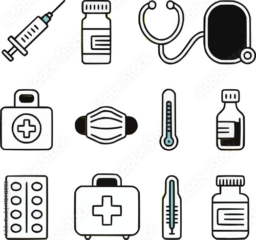 Minimalist medical icons, black line vector style, yellow background, includes syringe, pill bottle, stethoscope, face mask, thermometer, first aid kit, medicine blister pack, capsule.