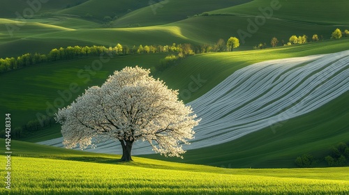 Spring Blossoms Hillside, Peaceful Tree