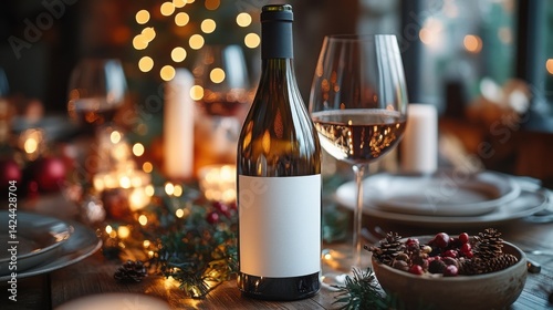 Festive Christmas Dinner Table Setting with Wine Bottle and Glass Warm Lights