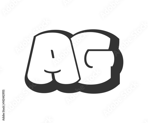 AG logo, bubble comic lettering, rounded in graffiti style black and white silhouette. Trendy preschool A and G letter text for festival party, personal initials, children funky print and web.