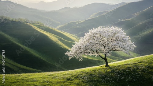Springtime Blossoms on Hills; Scenic View; Peaceful Landscape. Possible Use Nature Stock Photo