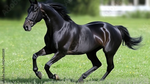 Black Thoroughbred Galloping in a Green Meadow