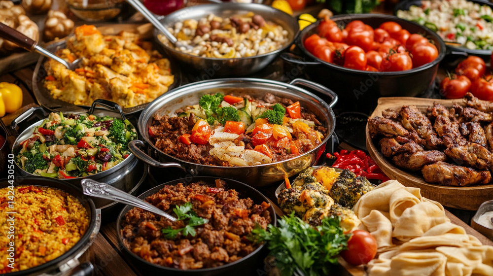 Close-up of different international foods being cooked side by side in a fusion kitchen Close-up of different international foods being cooked side by side in a fusion kitchen