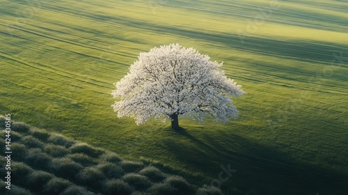 Aerial view of blossoming tree in green field.  Possible use Nature photography, stock image for spring/nature themes
