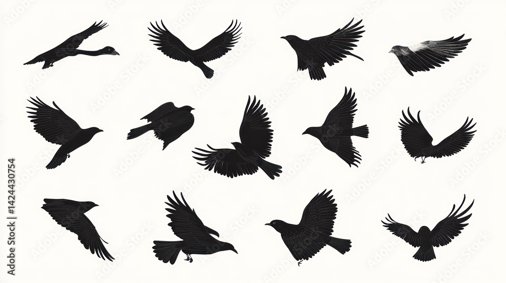 Obraz premium Crows in flight, various poses, white background, nature imagery, graphic design