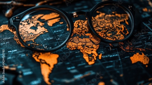 World map through eyeglasses, travel concept