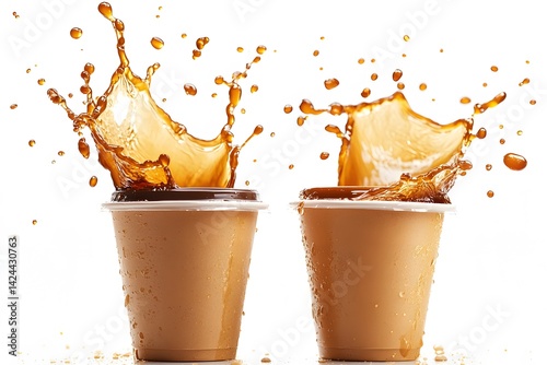 Dynamic Coffee Splash from Two Cups with Lids