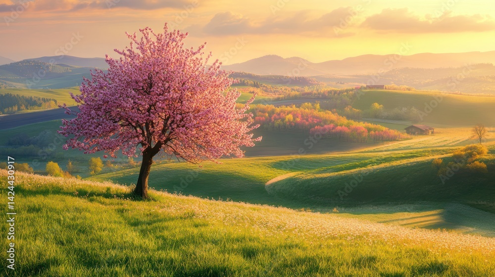 Fototapeta premium Spring sunset, blossoming cherry tree, hills, idyllic landscape, nature, tranquility, beautiful scene, perfect for wallpapers or greeting cards