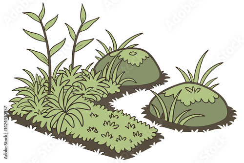 27 Spherical and rectangular moss patches, vibrant green textures, varying shades of green, botanical close-up, organic shapes, natural elements, soft focus, white background, isolated plant specimens