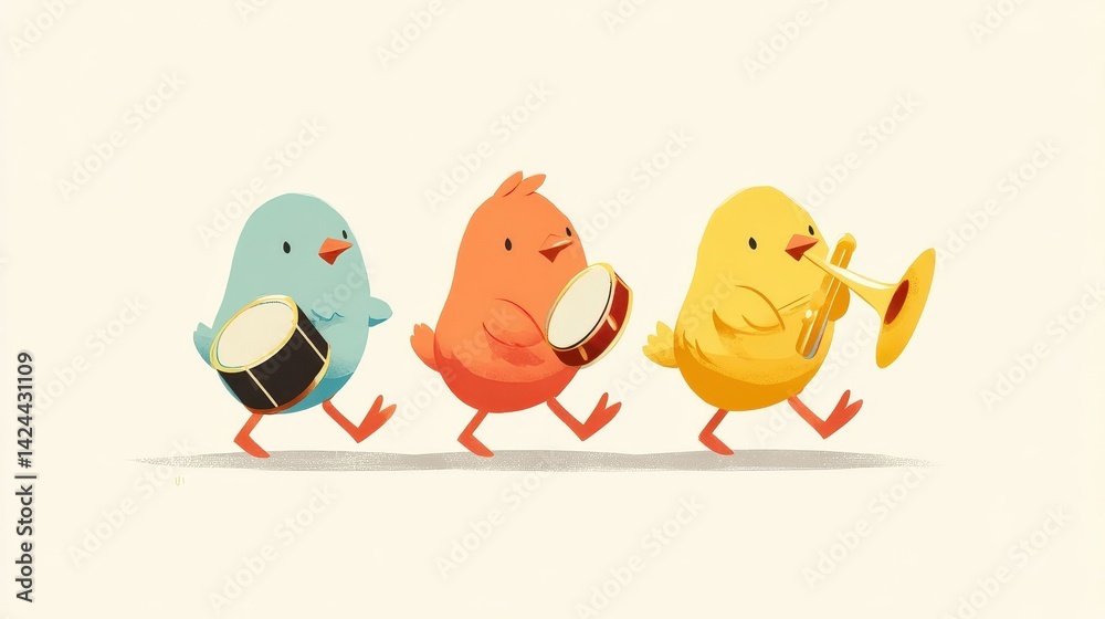 Three cheerful chicks playing musical instruments in a parade. Three cheerful chicks playing musical instruments in a parade.