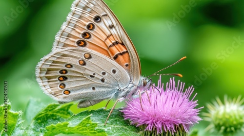Close-up butterfly feeding on thistle flower in garden