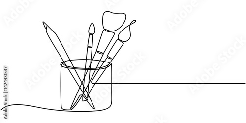 Continuous one line drawing of pencils and brushes in a glass. Brush and pencils in single line draw illustration. Editable stroke, Stationery container with pencil, pens, rulers outline drawing. 