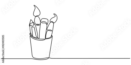 Continuous one line drawing of pencils and brushes in a glass. Brush and pencils in single line draw illustration. Editable stroke, Stationery container with pencil, pens, rulers outline drawing. 