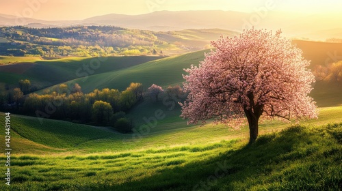 Blossoming tree on rolling hills at sunset. Landscape photo