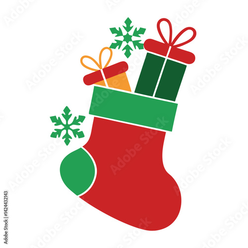 Christmas Stocking with Gifts and Snowflakes Illustration