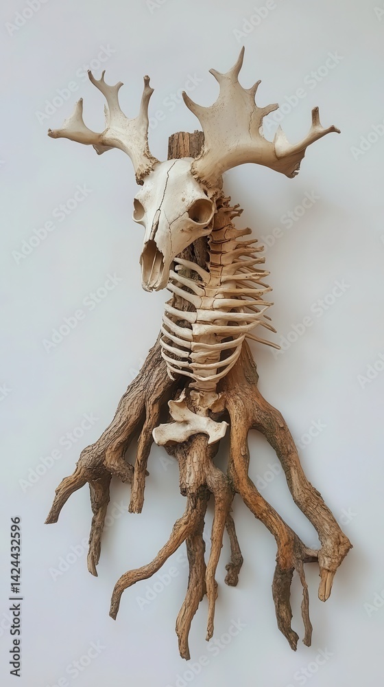 Obraz premium A deer skull and skeleton mounted on a natural root system.