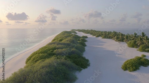 Sunrise over tropical island beach, lush vegetation, aerial view