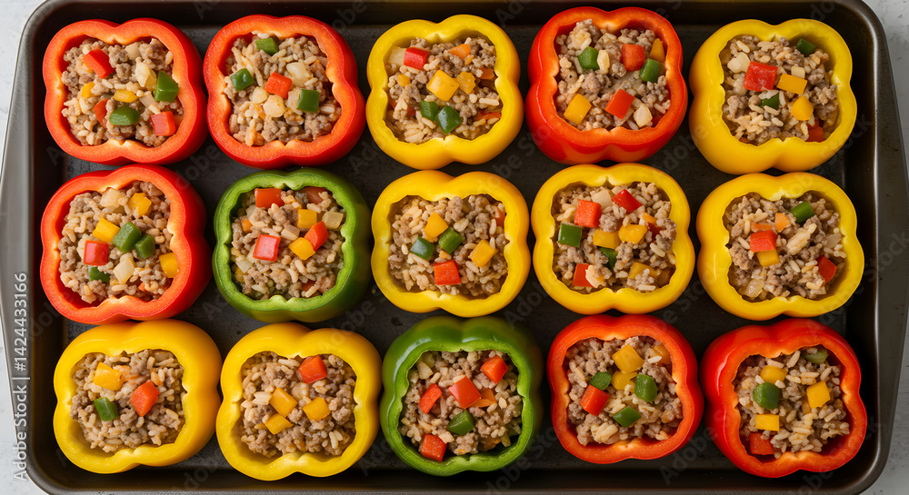 Stuffed Colorful Bell Peppers Ready to Cook on a Baking Sheet