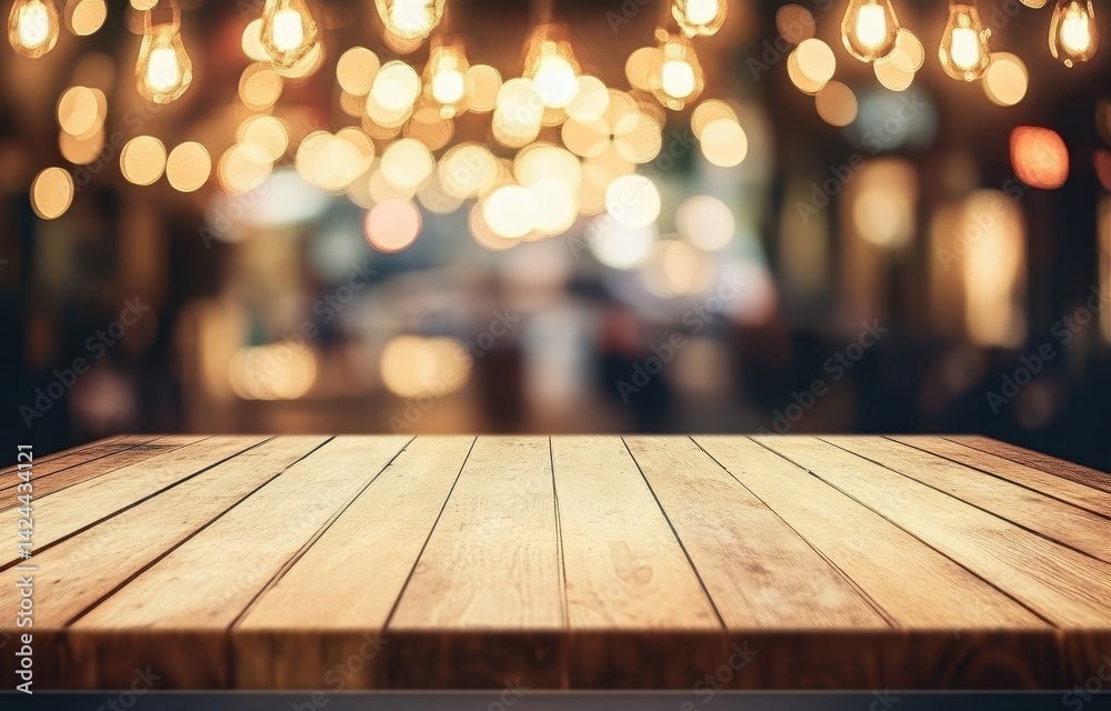 Wooden table top with warm, bokeh lights