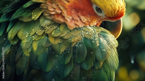 Close-up parrot feathers with water droplets