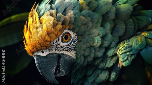 Close-up parrot head, vibrant colors, dark background