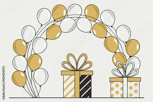 Elegant Gift Box Display with Gold Balloon Arch Perfect for Celebrations and Events