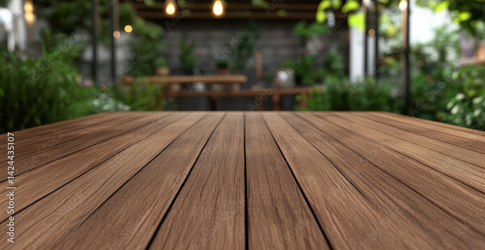 Wooden tabletop, outdoor garden cafe setting