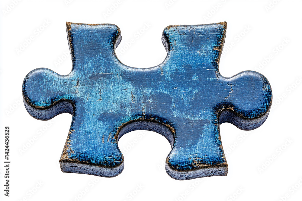 Fototapeta premium A solitary, deep blue wooden puzzle piece, representing the search for connection and completion, with a rustic, distressed finish.