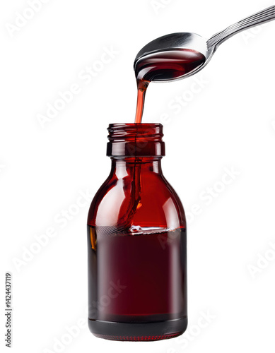 Red liquid being poured from a glass bottle into a spoon, ideal for medicinal or syrup use on transparent background