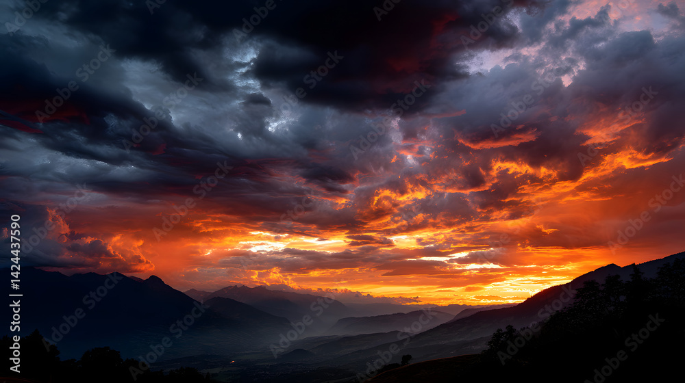 Obraz premium An intense orange sunset fills the sky as the mountains cast long, dramatic shadows over the valley below.