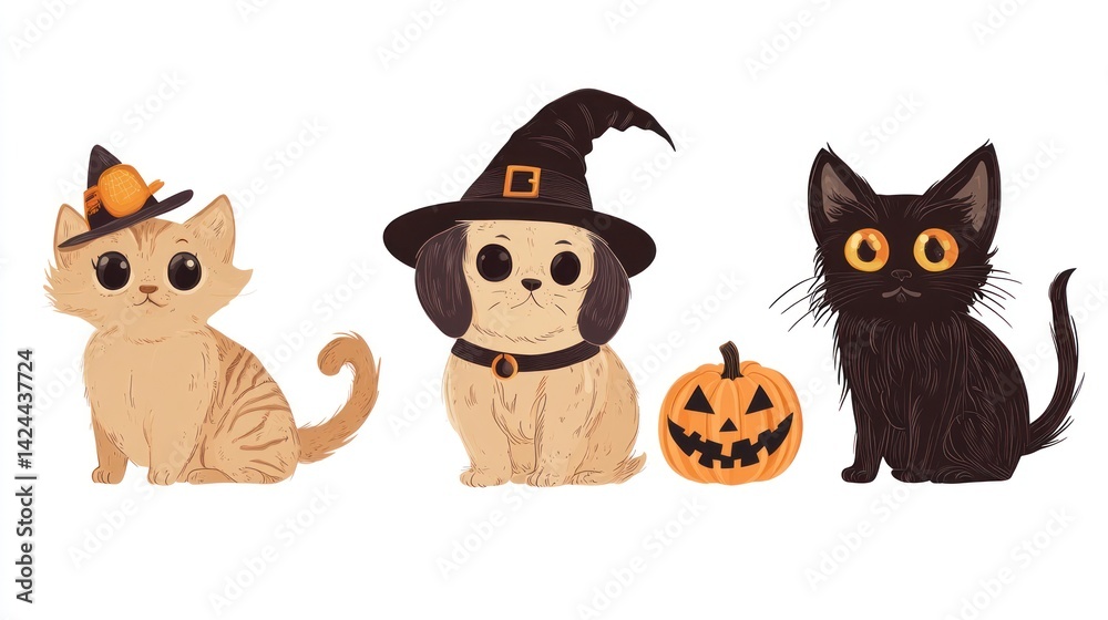 Fototapeta premium Cute Halloween pets cat, dog, pumpkin