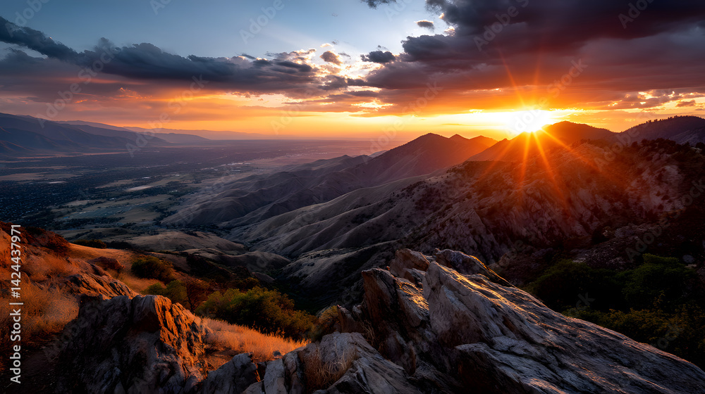 Fototapeta premium An intense orange sunset fills the sky as the mountains cast long, dramatic shadows over the valley below.