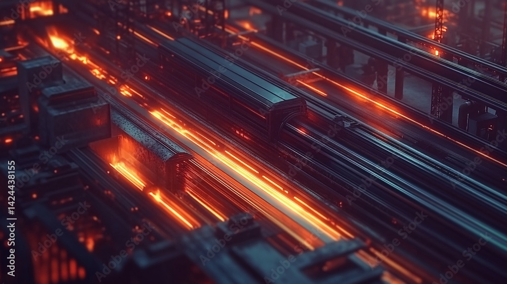 Abstract industrial machine is glowing with red hot light Abstract industrial machine is glowing with red hot light