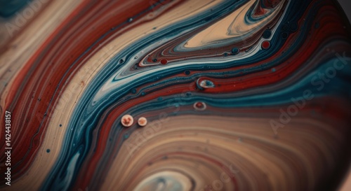 Abstract swirls of red, blue, and beige paint with fluid patterns and textures