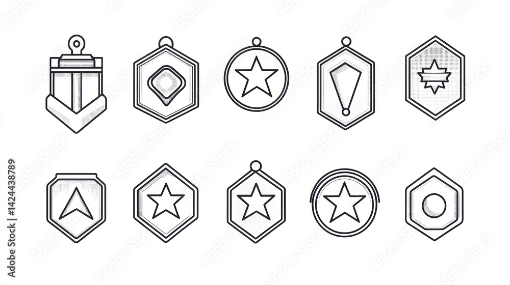 Game achievement icons; reward, design, app, interface, white background Game achievement icons; reward, design, app, interface, white background