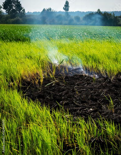 Contrast of life and destruction. Vibrant green grass meets scorched earth, smoke rising in air. Evokes themes of renewal, environment, and agriculture.