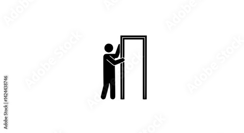 Black and white icon of builder installing door