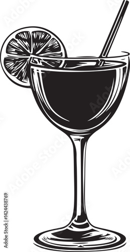 Cocktail Drink Glass Silhouette Vector Illustration on Transparent Background