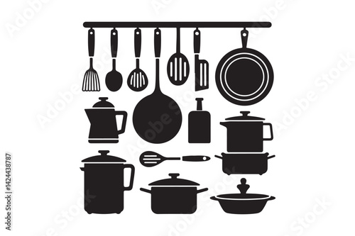 Silhouette Kitchen Utensils and Cookware Icons Vector Set