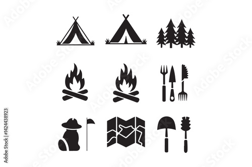 Camping and Outdoor Adventure Silhouette Icons Vector Set