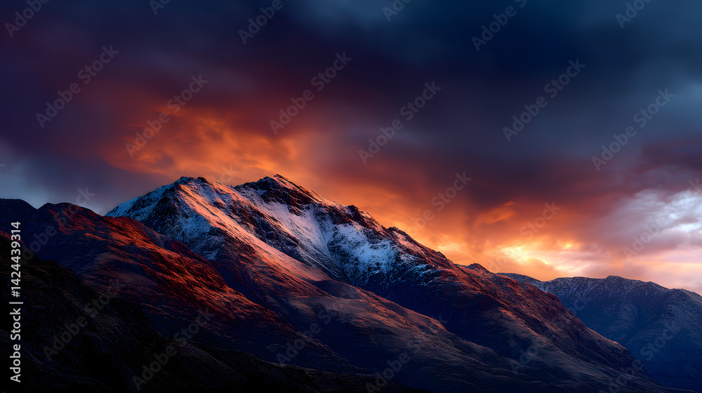 An orange and red sky over a mountain range at sunset, with the last light of the day casting shadows across the rugged terrain. An orange and red sky over a mountain range at sunset, with the last light of the day casting shadows across the rugged terrain.