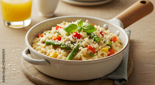 Delicious Risotto Primavera with Asparagus Tomatoes And Fresh Basil