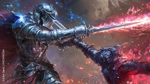 Two armored warriors clash in a fiery battle. photo