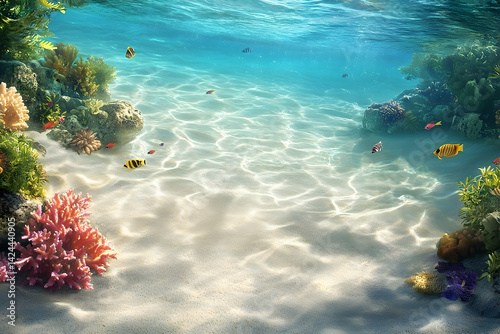 Vibrant coral reef scene beneath shallow tropical waters. photo