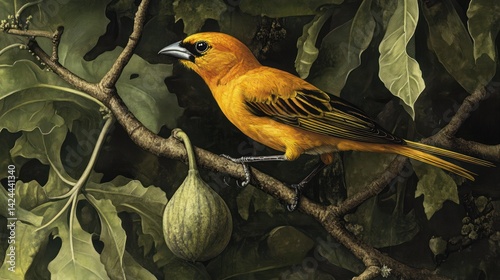 Golden Bird Perched on Branch with Fig
