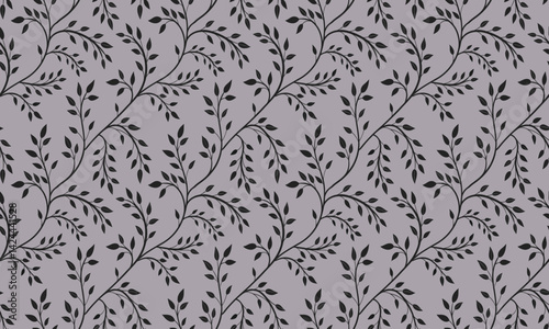 Elegant seamless pattern with black leaves and branches on gray background, nature-inspired minimalist design for wallpaper, fabric, and packaging

